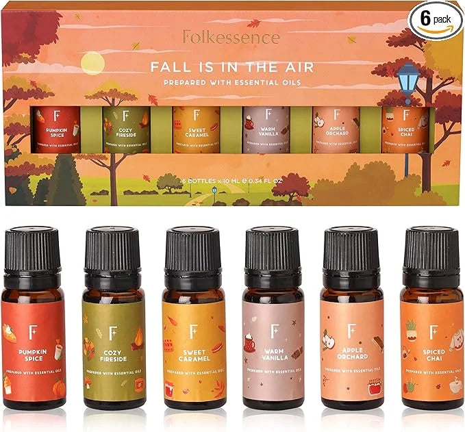 Folkulture Fall Essential Oils for Diffuser Oil, Essential Oils Set of 6 x 0.34 fl oz, 60 ml Fragrance Oil, Diffuser Oils Scents for Home, Fall Fragrance Oils - Pumpkin Spice, Caramel, Vanilla