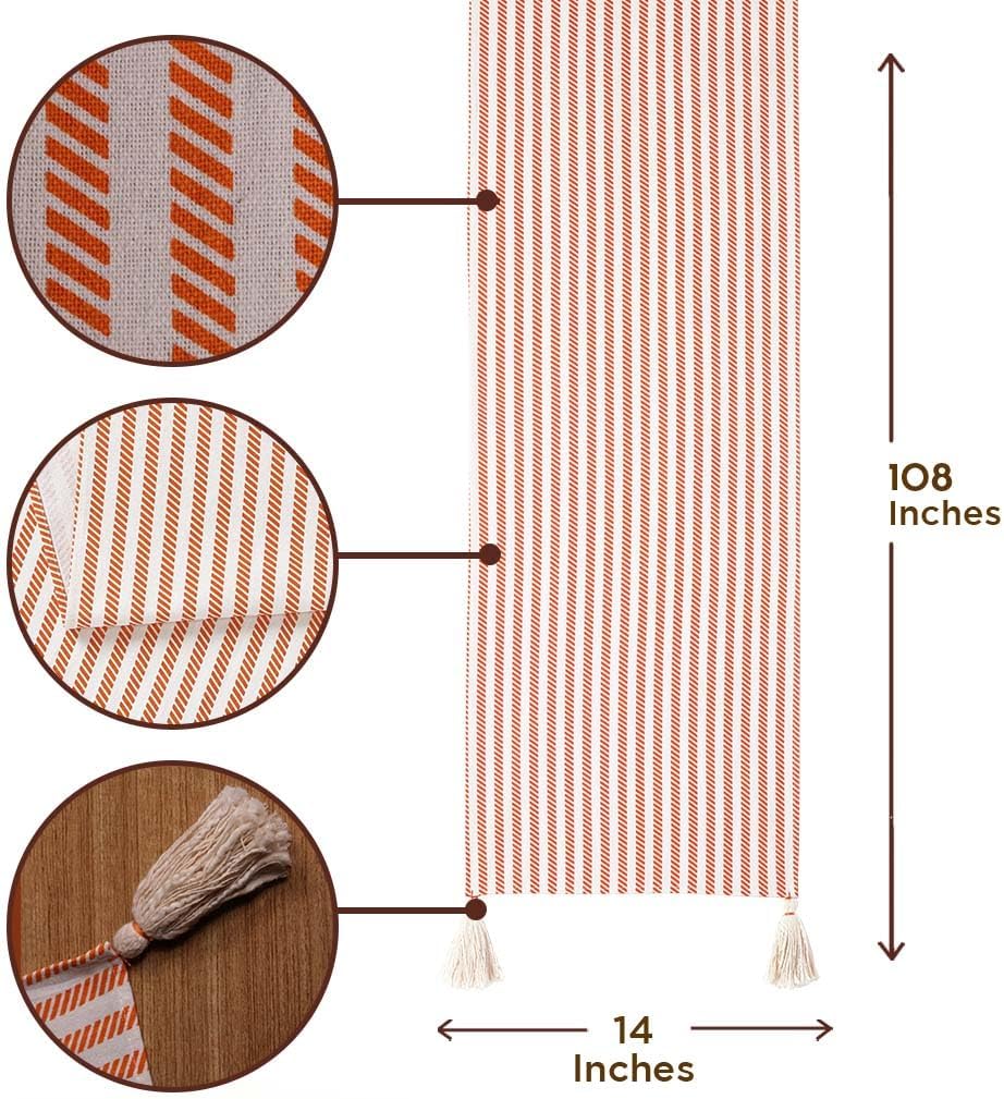 Folkulture Table Runner | Fall Table Runners for Kitchen | Boho Stripe Table Runner for Farmhouse Decor Russet Orange Table Runners for Dining Room