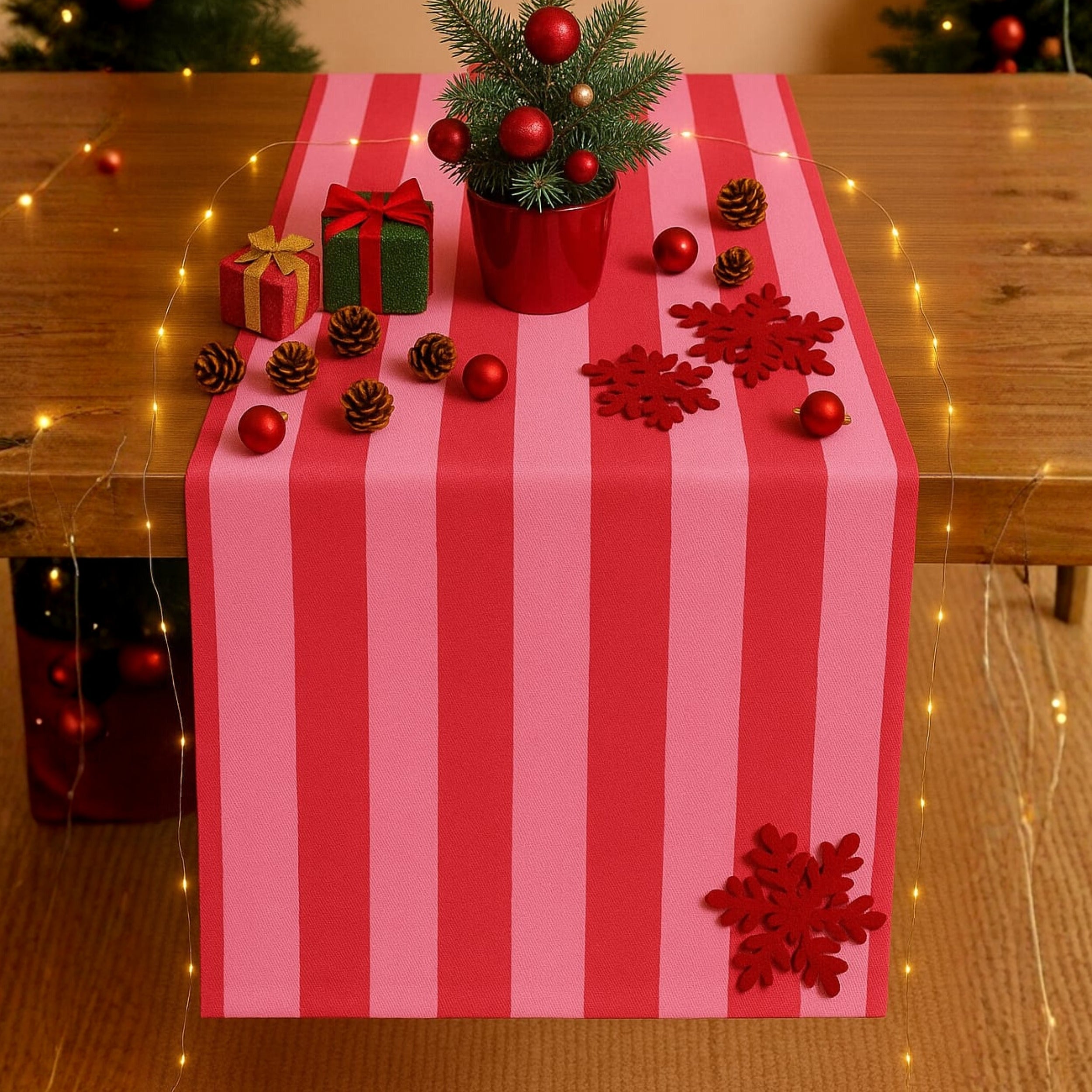 Folkulture Table Runner Vertical Striped Pink & Red | 100% Cotton Washable Table Decor for Dining, Parties & Festive Home Styling