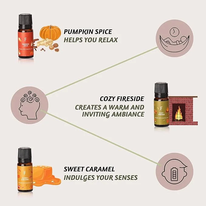 Folkulture Fall Essential Oils for Diffuser Oil, Essential Oils Set of 6 x 0.34 fl oz, 60 ml Fragrance Oil, Diffuser Oils Scents for Home, Fall Fragrance Oils - Pumpkin Spice, Caramel, Vanilla