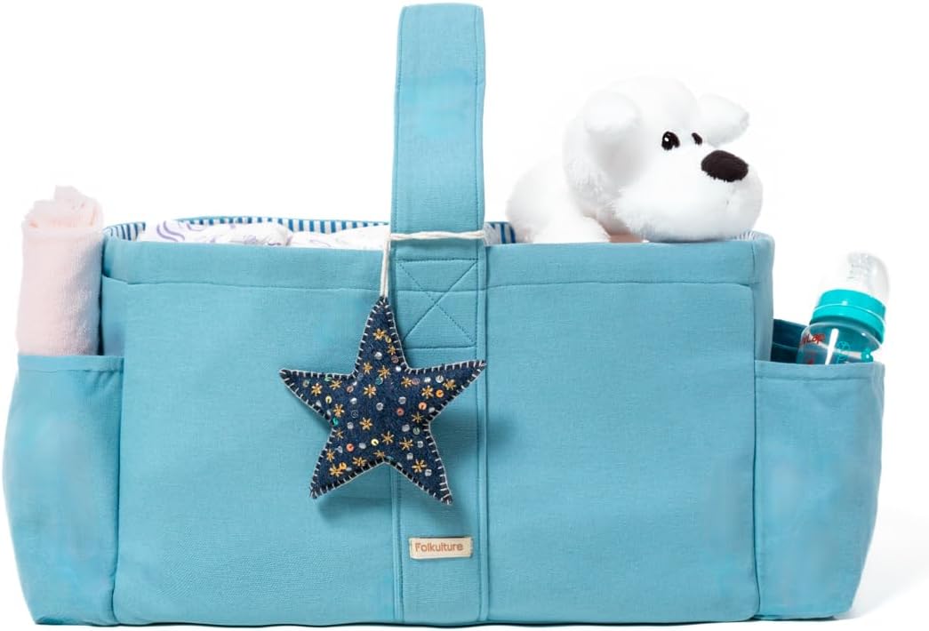 Folkulture Baby Diaper Caddy, Cotton Diaper Bag for Kids, Stylish Comfort Spacious Travel Essential Cart, Car Organizer for Diapers (Sky Blue - 15")