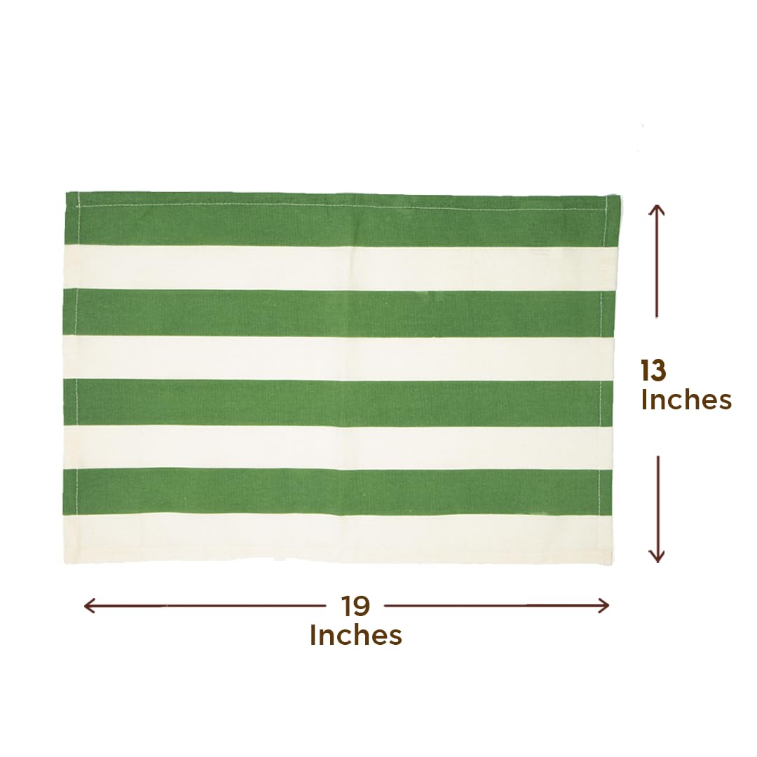 Folkulture Placemats Set of 4 (13x18)| 100% Cotton, Heat Resistant,Machine Washable |Green & White Striped Table Mats for Dining & Gifts