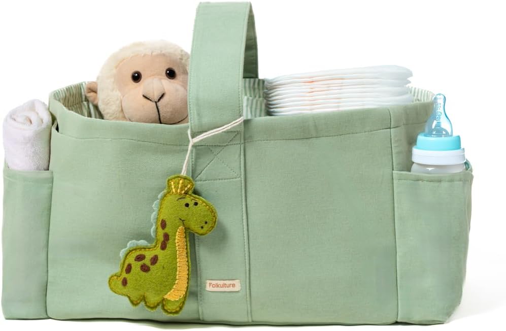 Folkulture Baby Diaper Caddy, Cotton Diaper Bag for Kids, Stylish Comfort Spacious Travel Essential Cart, Car Organizer for Diapers (Sage Green - 15")