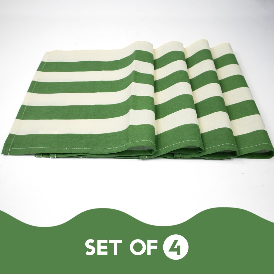 Folkulture Placemats Set of 4 (13x18)| 100% Cotton, Heat Resistant,Machine Washable |Green & White Striped Table Mats for Dining & Gifts