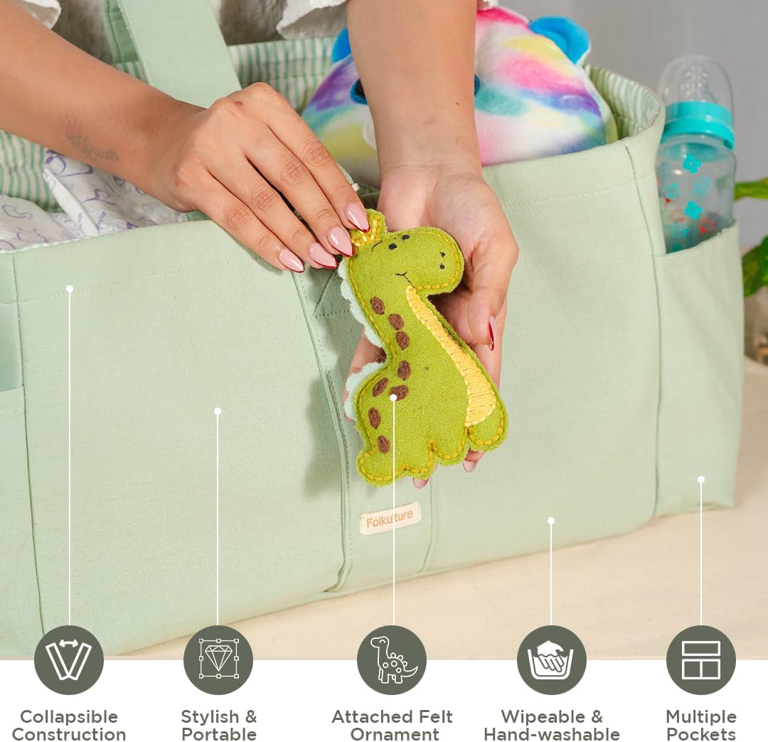 Folkulture Baby Diaper Caddy, Cotton Diaper Bag for Kids, Stylish Comfort Spacious Travel Essential Cart, Car Organizer for Diapers (Sage Green - 15")