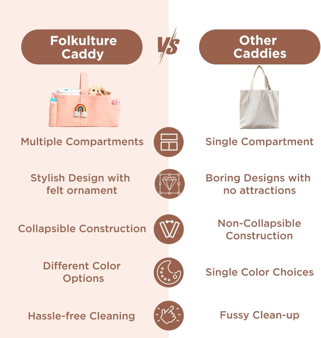 Folkulture Baby Diaper Caddy, Cotton Diaper Bag for Kids, Stylish Comfort Spacious Travel Essential Cart, Car Organizer for Diapers (Powder Pink -15")