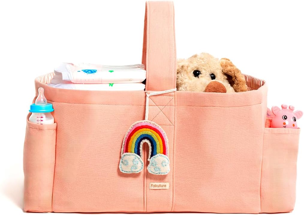 Folkulture Baby Diaper Caddy, Cotton Diaper Bag for Kids, Stylish Comfort Spacious Travel Essential Cart, Car Organizer for Diapers (Powder Pink -15")
