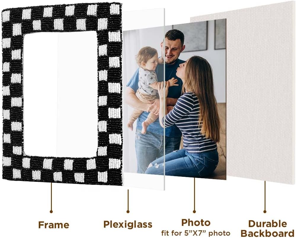 Folkulture 5x7 Picture Frames, Checkered Photo Frame with Plexiglass, Vertical and Horizontal Formats Picture Frames, Farmhouse Decor (Black)