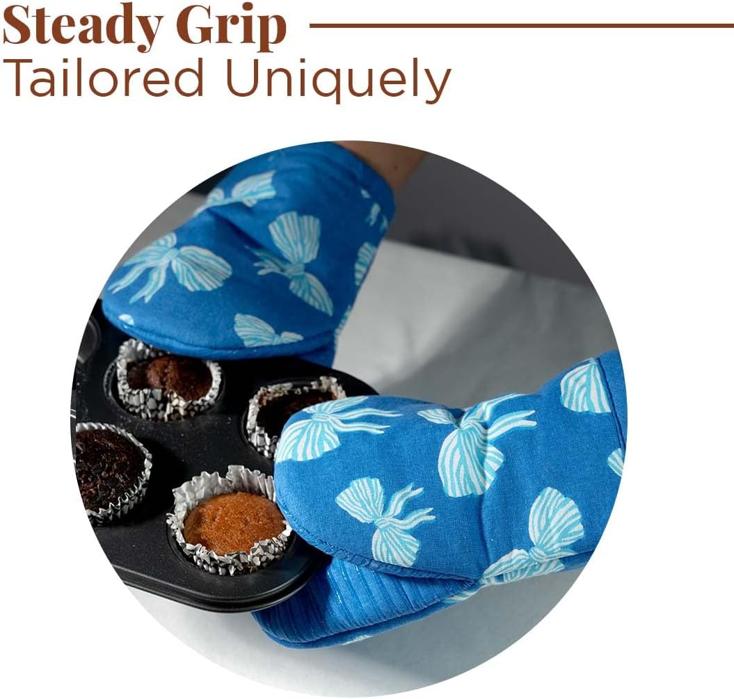 Folkulture Small Oven Mitts Set of 2 | 5.75 x 9 Heat Resistant Blue Mitts with Hanging Loop | Cotton & Silicone Oven Gloves for Baking