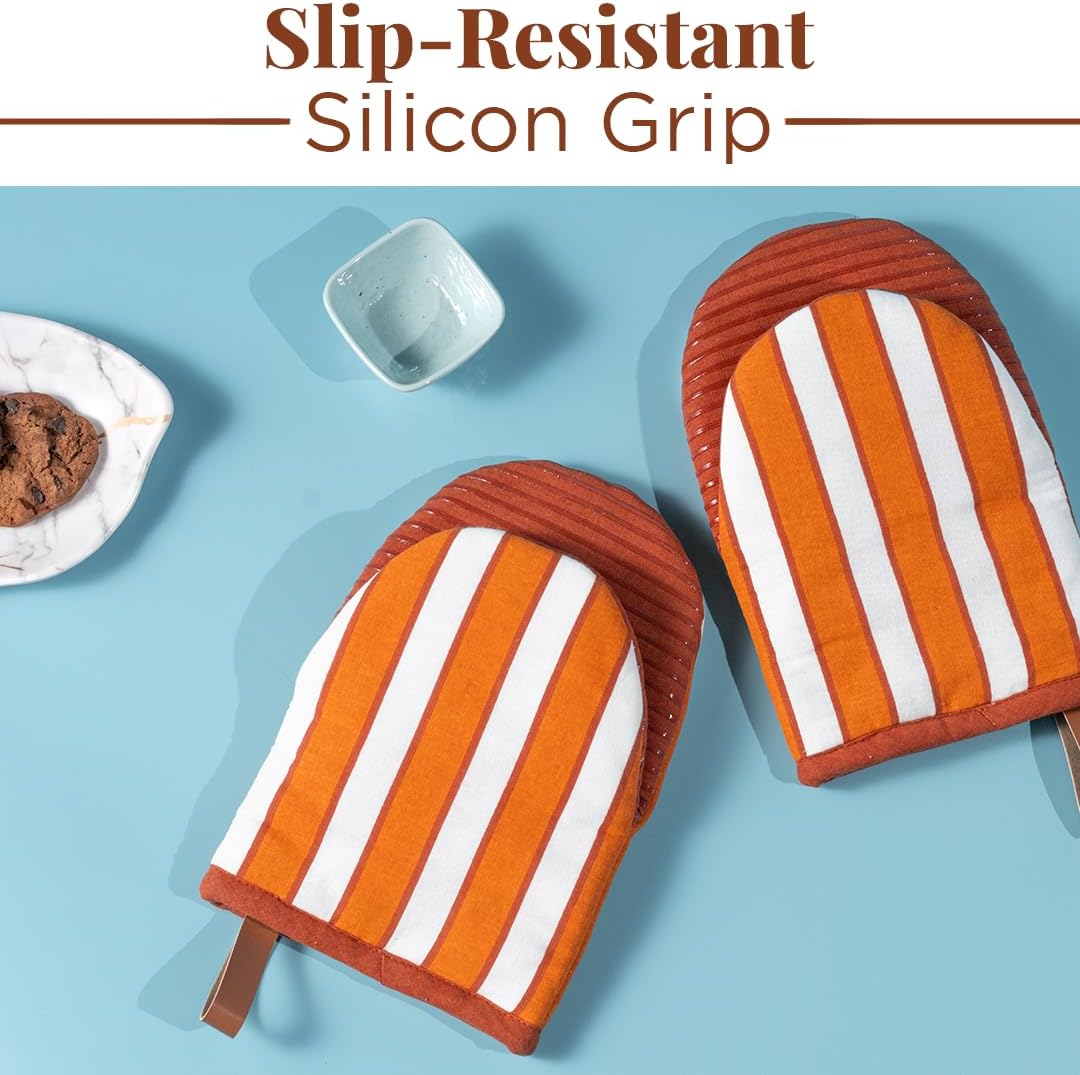 Folkulture Mini Oven Mitts Heat Resistant | Set of 2 (5.75 x 9) Orange Fall Oven Mitts with Hanging Loop | 100% Cotton Oven Gloves (Rust and Roast)