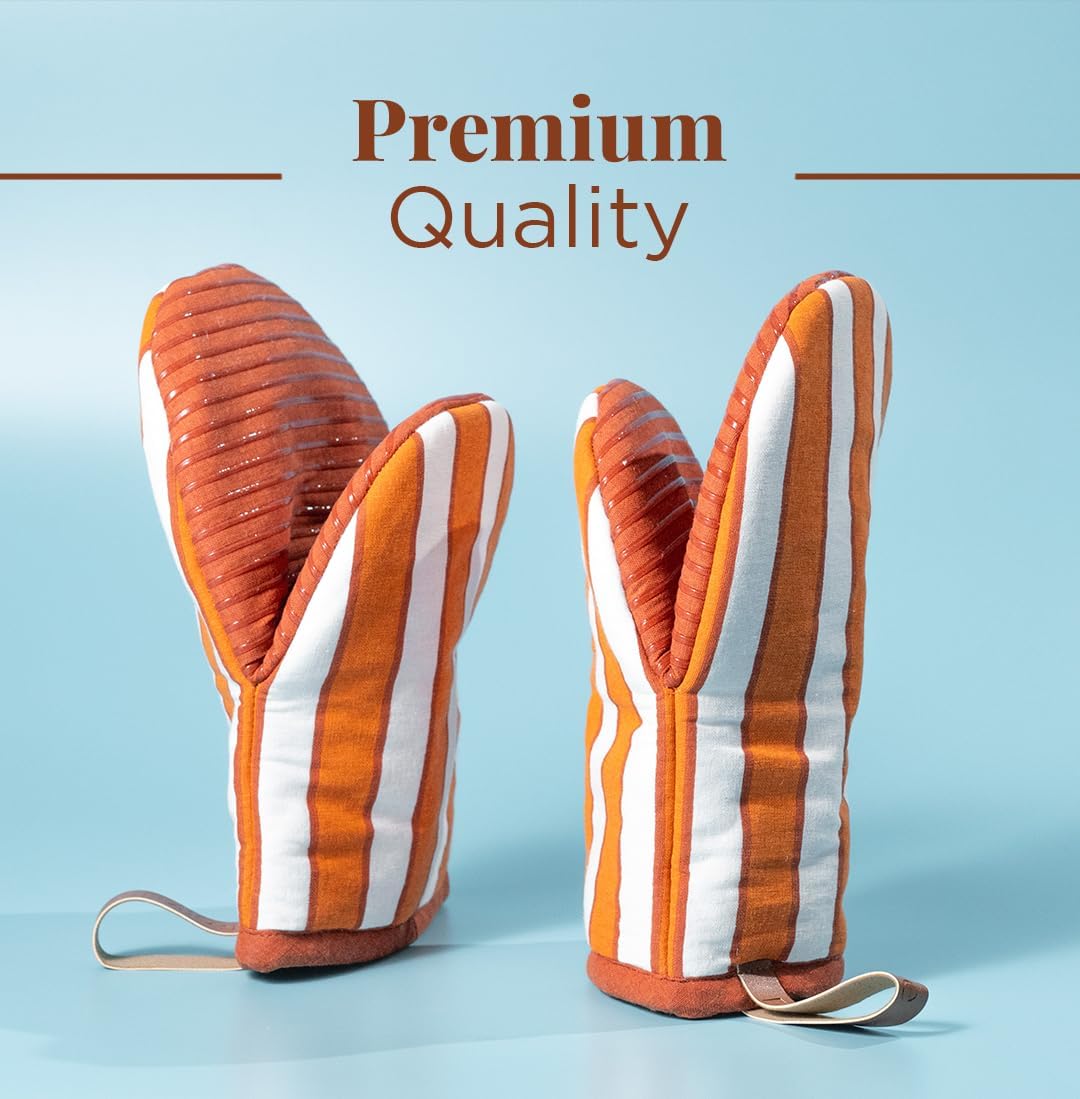 Folkulture Mini Oven Mitts Heat Resistant | Set of 2 (5.75 x 9) Orange Fall Oven Mitts with Hanging Loop | 100% Cotton Oven Gloves (Rust and Roast)