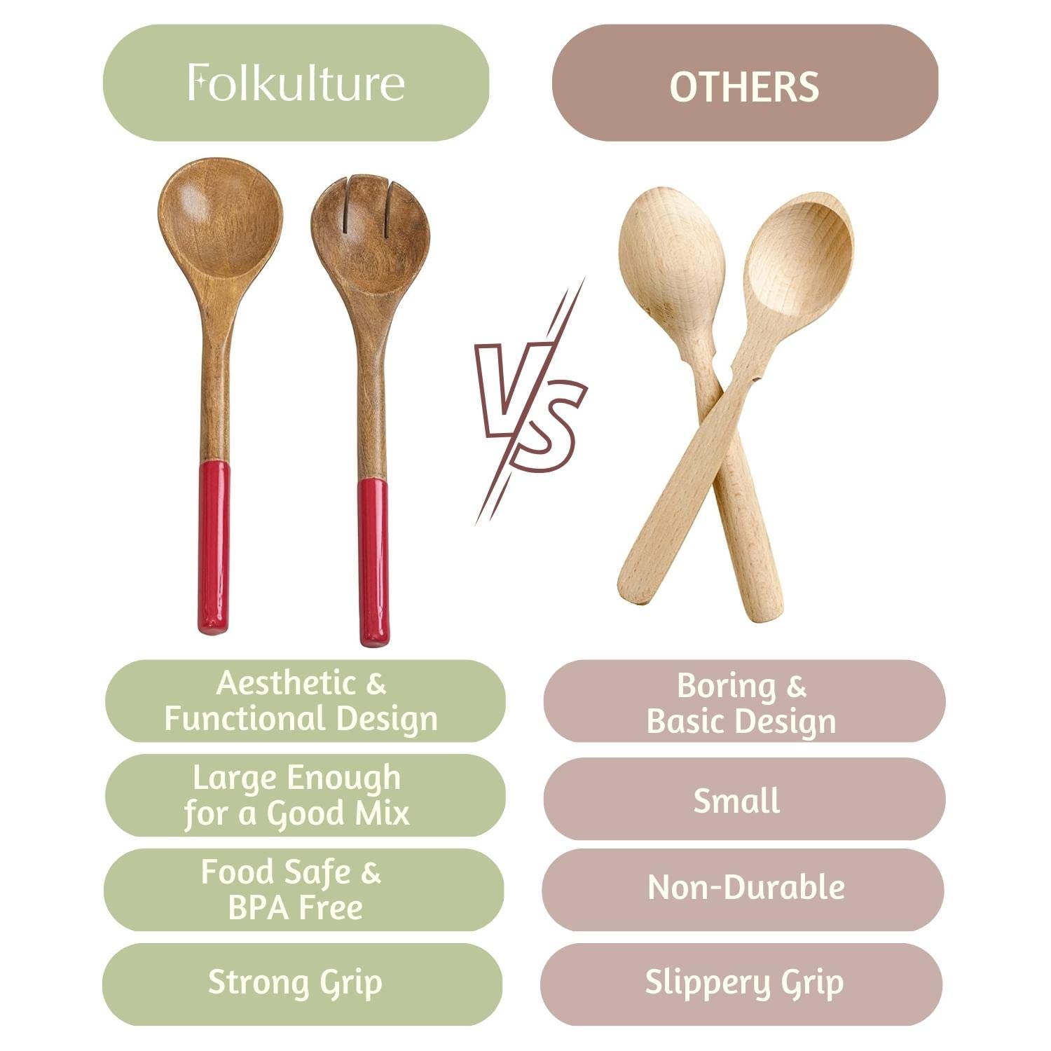 Folkulture Wooden Salad Tongs & Servers for Wooden Salad Bowl Set, Salad Hands for Kitchen Decor & Gifts, 12-Inch Spoon Fork Set, Red Enamel