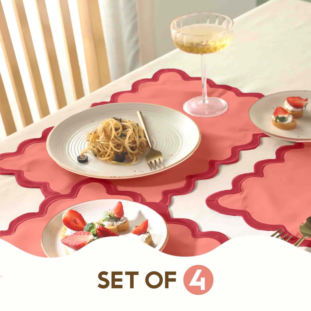 Folkulture Christmas Table Placemats | 13 x 19" Cotton Boho Set of 4 | Heat Resistant Scalloped Dining & Farmhouse Table Mats Coral Red