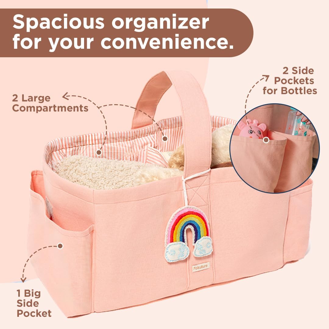 Folkulture Baby Diaper Caddy, Cotton Diaper Bag for Kids, Stylish Comfort Spacious Travel Essential Cart, Car Organizer for Diapers (Powder Pink -15")
