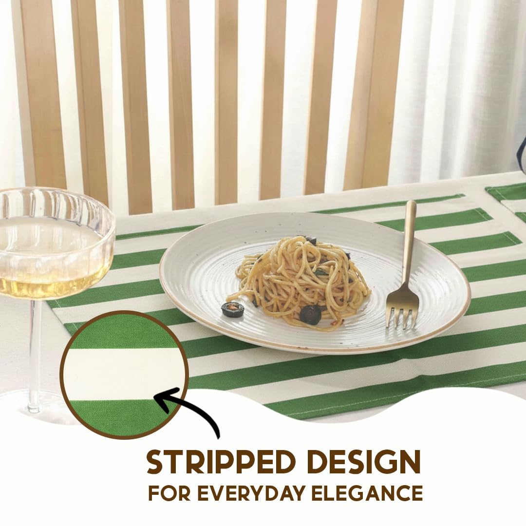 Folkulture Placemats Set of 4 (13x18)| 100% Cotton, Heat Resistant,Machine Washable |Green & White Striped Table Mats for Dining & Gifts
