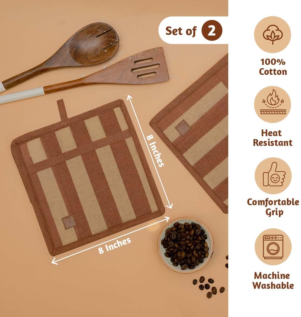 Folkulture Set of 2, 8" 100% Cotton and Silicon Square Potholders - Caramel