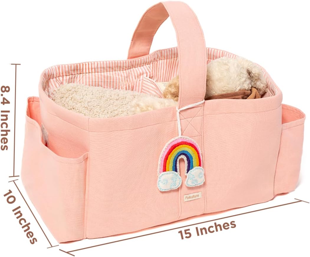 Folkulture Baby Diaper Caddy, Cotton Diaper Bag for Kids, Stylish Comfort Spacious Travel Essential Cart, Car Organizer for Diapers (Powder Pink -15")