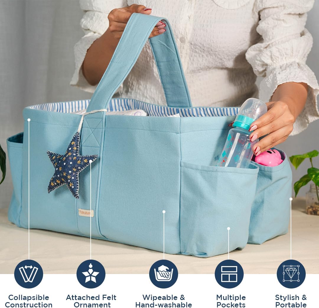 Folkulture Baby Diaper Caddy, Cotton Diaper Bag for Kids, Stylish Comfort Spacious Travel Essential Cart, Car Organizer for Diapers (Sky Blue - 15")