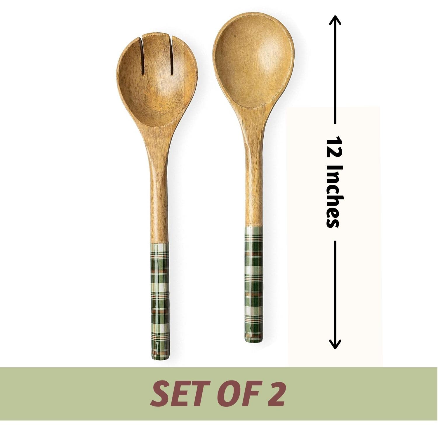 Folkulture Wooden Salad Servers, 12-Inch Salad Tongs for Wood Salad Bowl, Salad Hands for Kitchen Decor & Gifts, Mango Wood, Green Check