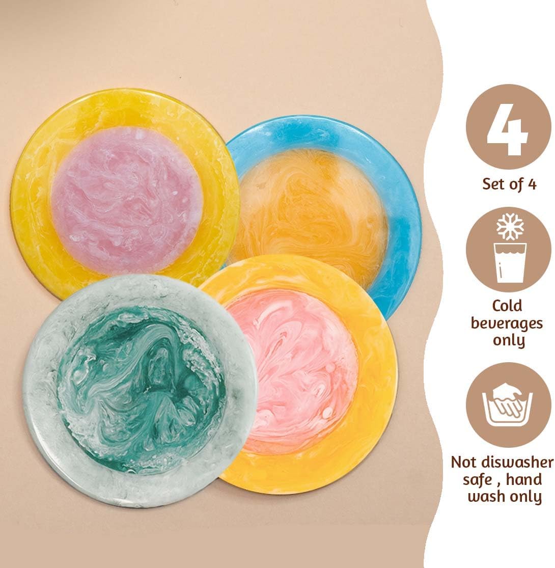 Folkulture Coasters Set of 4 | Resin Drink Coasters for Coffee Table | 4" Round Handmade Coaster for Drinks Non Slip for Bar, Party, Housewarming