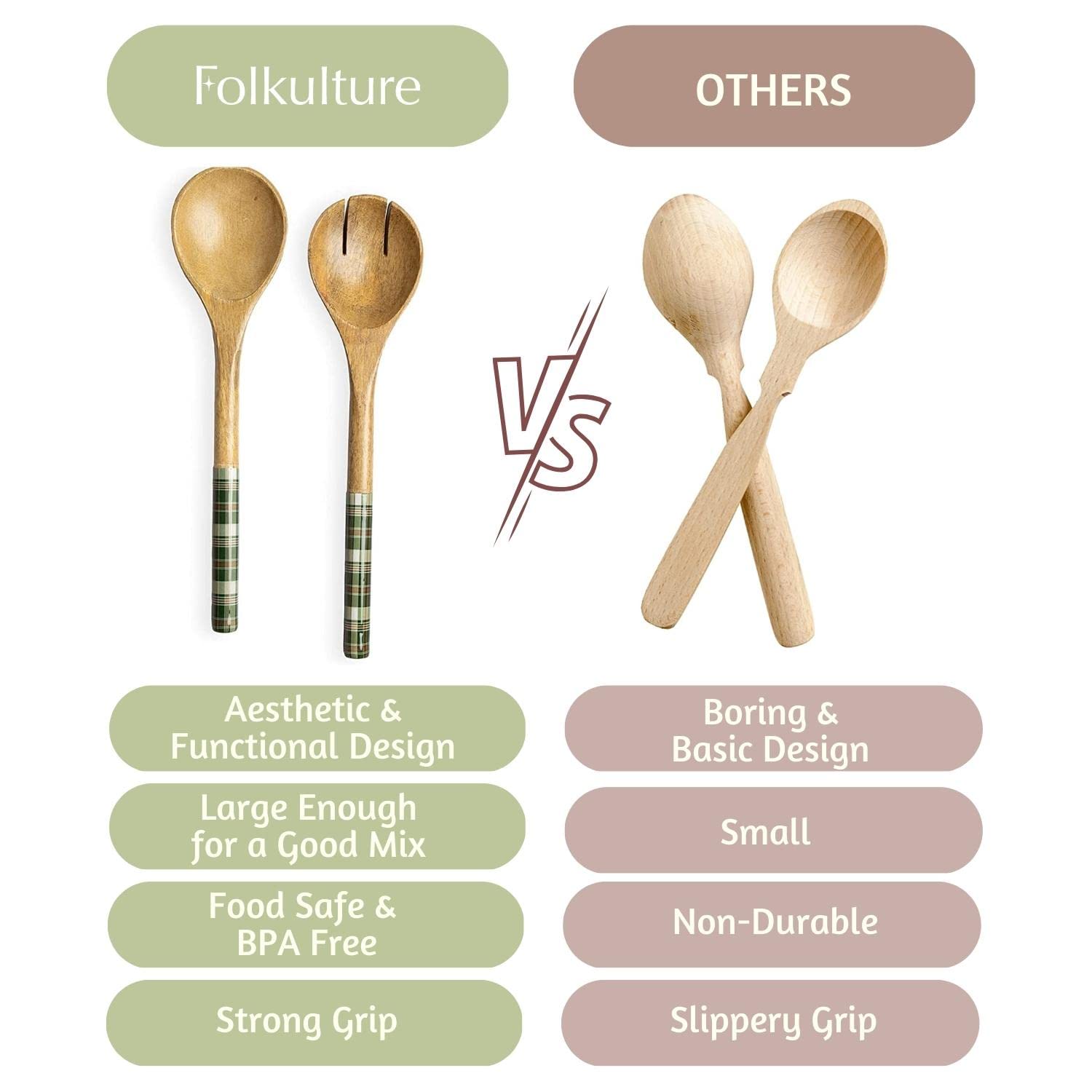 Folkulture Wooden Salad Servers, 12-Inch Salad Tongs for Wood Salad Bowl, Salad Hands for Kitchen Decor & Gifts, Mango Wood, Green Check