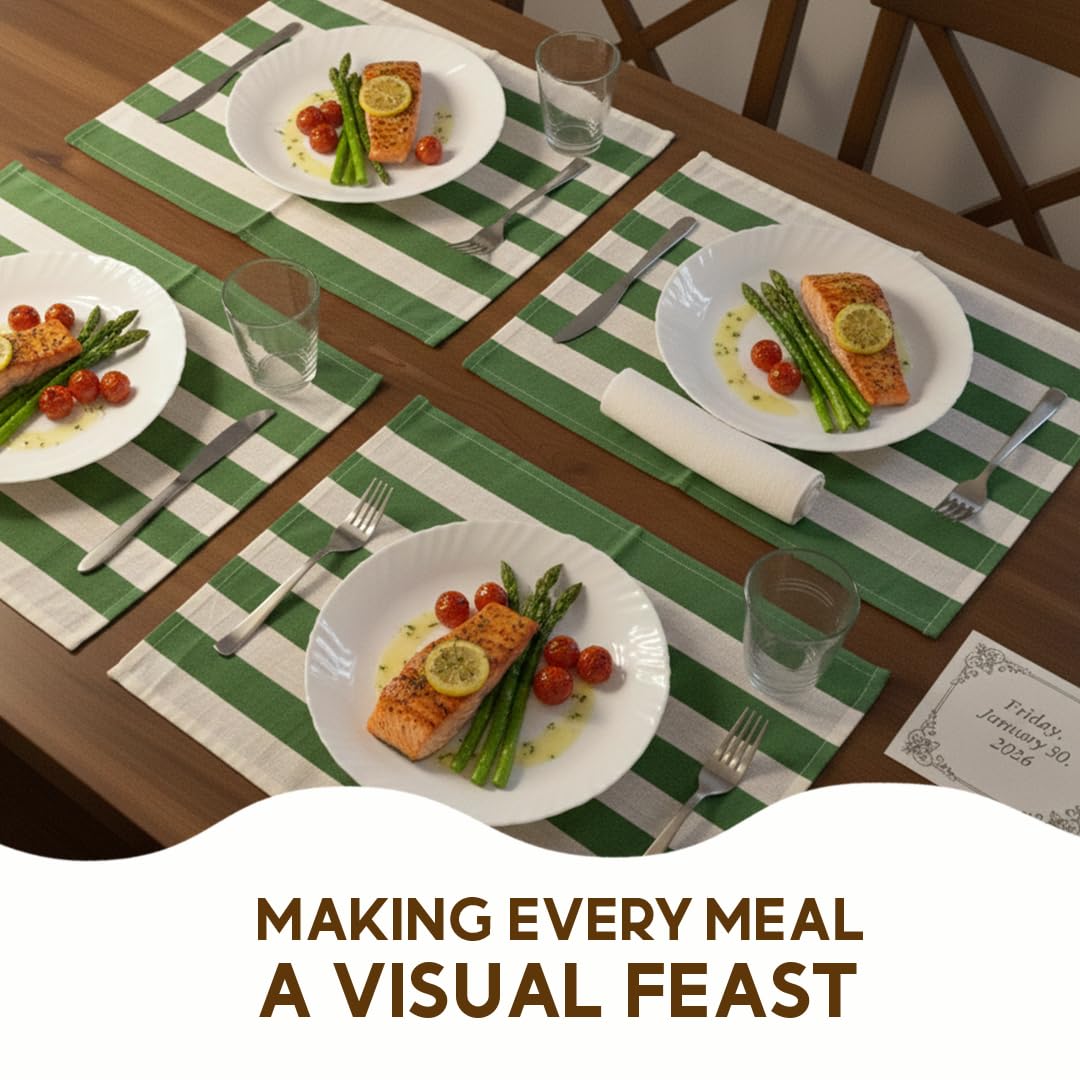 Folkulture Placemats Set of 4 (13x18)| 100% Cotton, Heat Resistant,Machine Washable |Green & White Striped Table Mats for Dining & Gifts