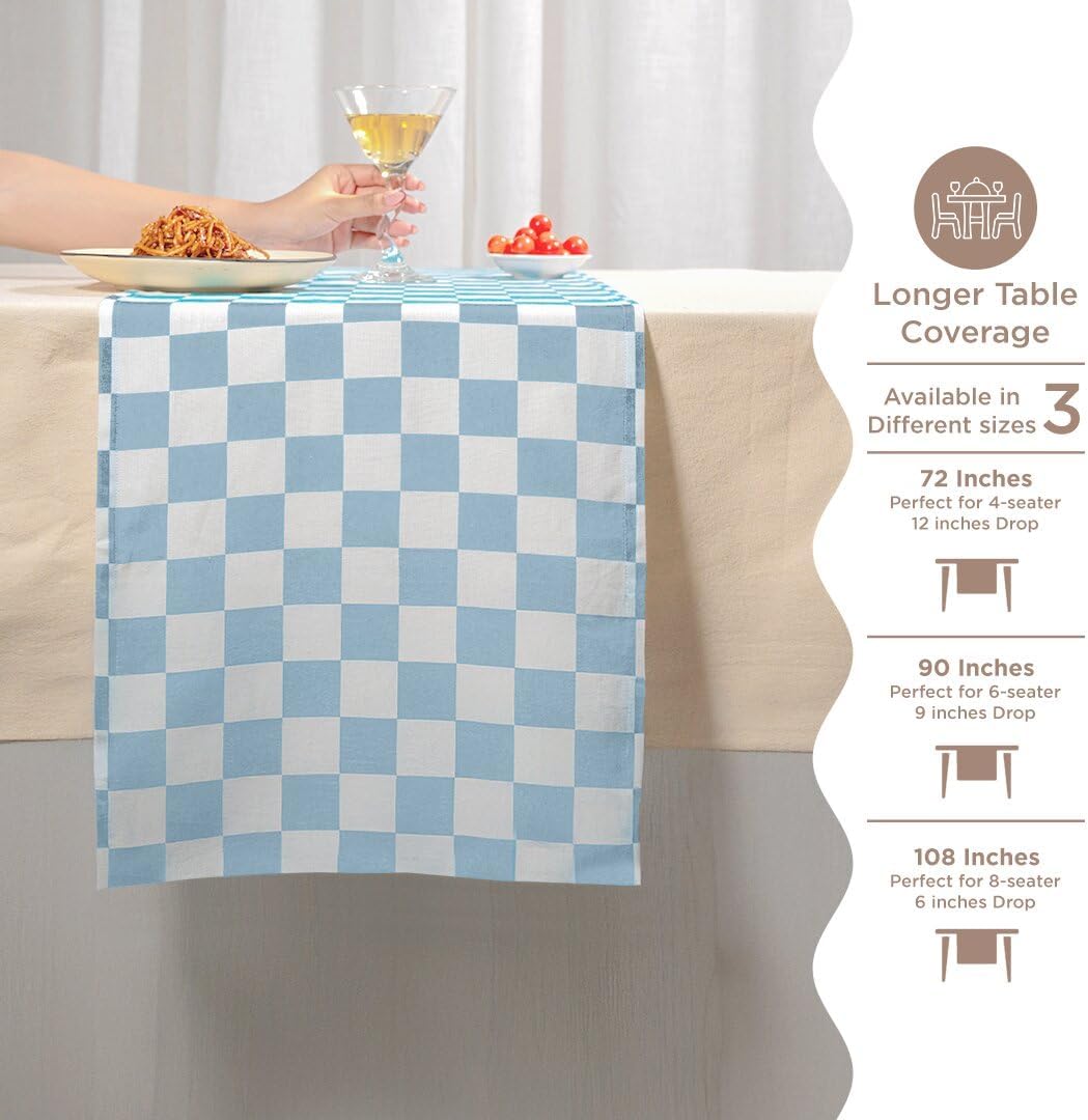 Folkulture Fall Table Runners, Checkered Boho Table Runners for Farmhouse Decor | White & Blue Table Runner for Fall Decor