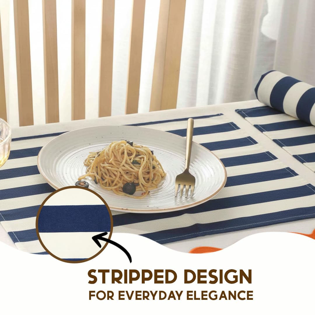 Folkulture Placemats Set of 4 (13x18)| 100% Cotton, Heat Resistant,Machine Washable| Blue & White Striped Dining Table Mats for Parties