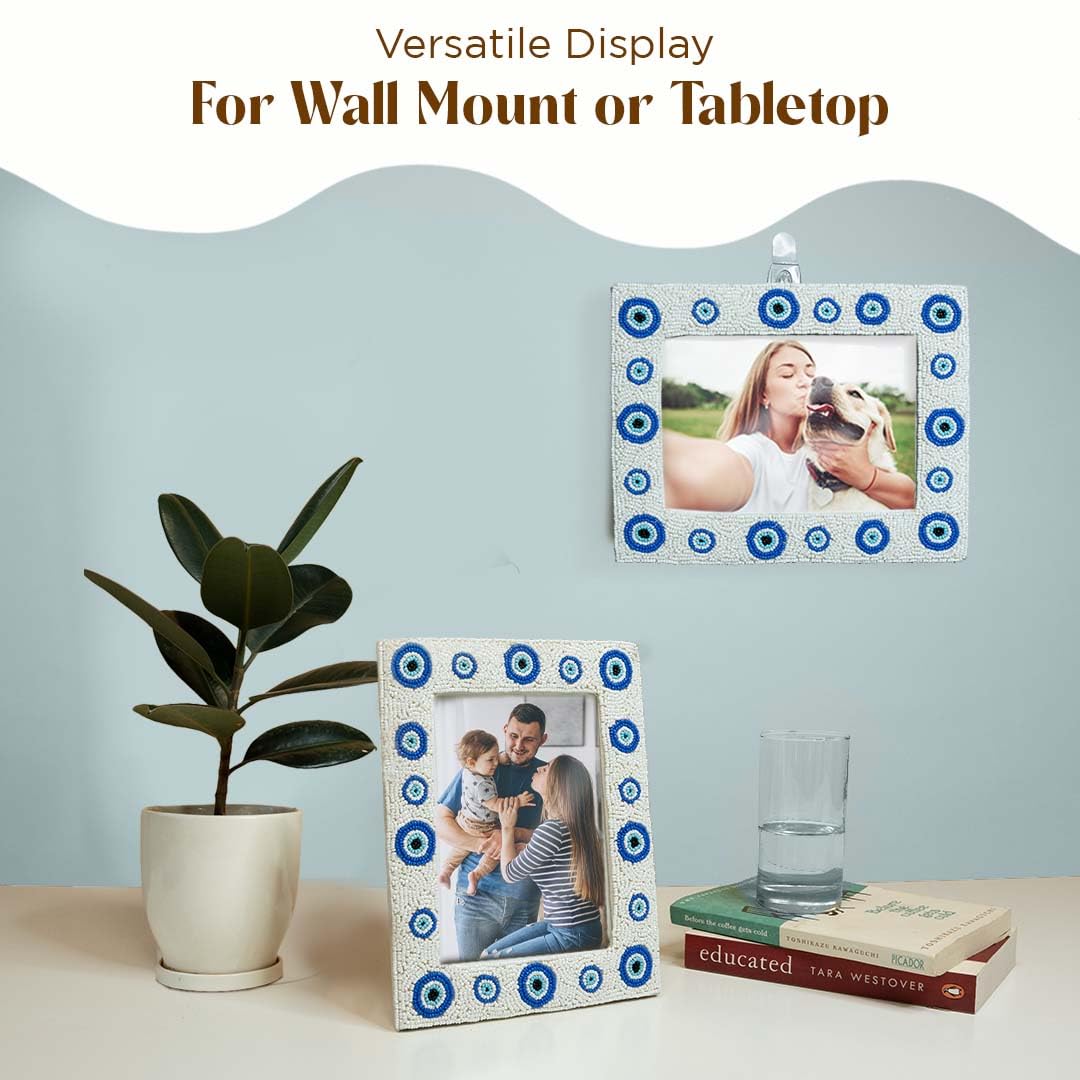 Folkulture Evil Eye Picture Frames with Plexiglass, Vertical & Horizontal Formats Picture Frames, Wall Hanging or Tabletop Farmhouse Picture Frame