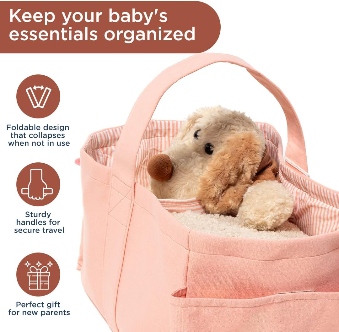 Folkulture Baby Diaper Caddy, Cotton Diaper Bag for Kids, Stylish Comfort Spacious Travel Essential Cart, Car Organizer for Diapers (Powder Pink -15")