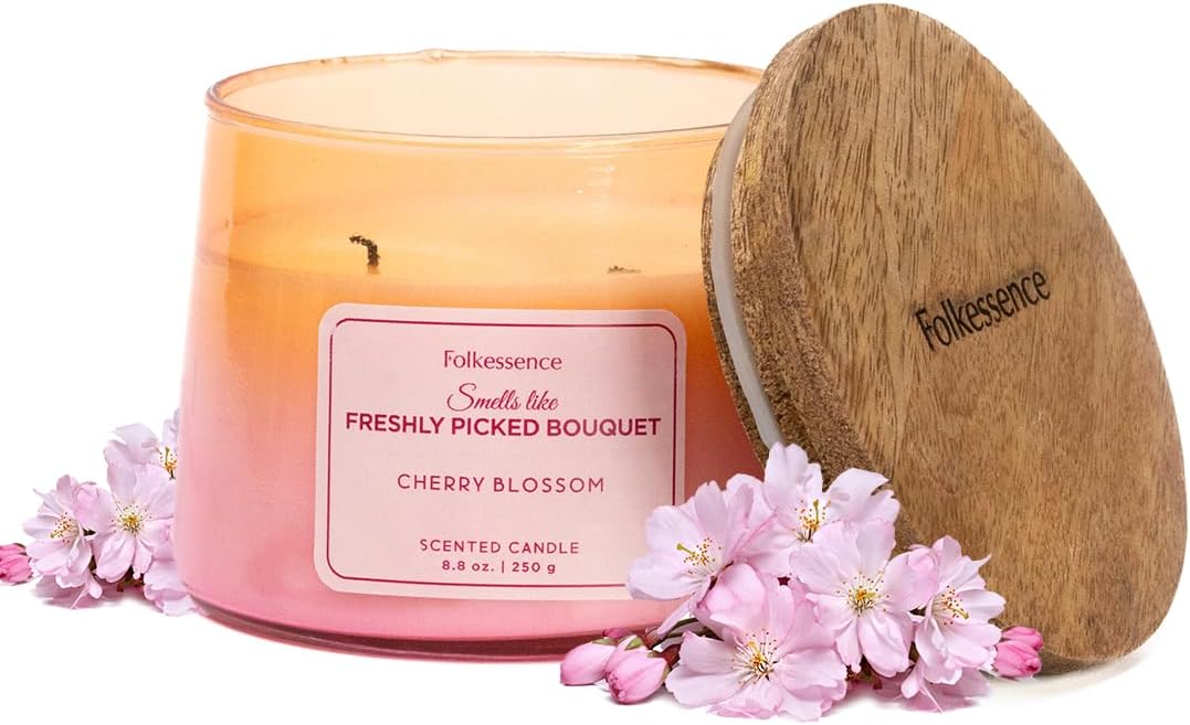 Folkulture Scented Candle | 8.81 Oz Long Lasting Cherry Blossom Candles for Home | Soy Candle or Non Toxic Candles for Relaxing Gifts for Women
