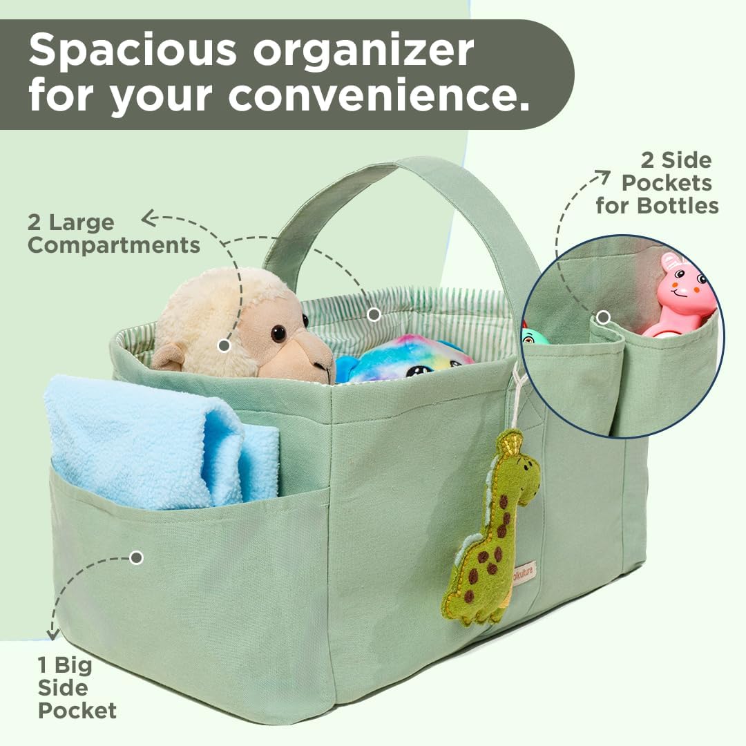 Folkulture Baby Diaper Caddy, Cotton Diaper Bag for Kids, Stylish Comfort Spacious Travel Essential Cart, Car Organizer for Diapers (Sage Green - 15")