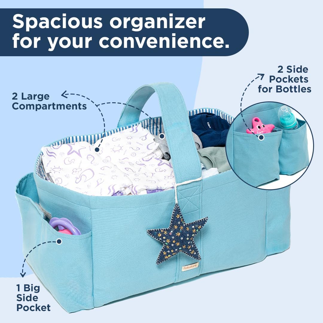Folkulture Baby Diaper Caddy, Cotton Diaper Bag for Kids, Stylish Comfort Spacious Travel Essential Cart, Car Organizer for Diapers (Sky Blue - 15")