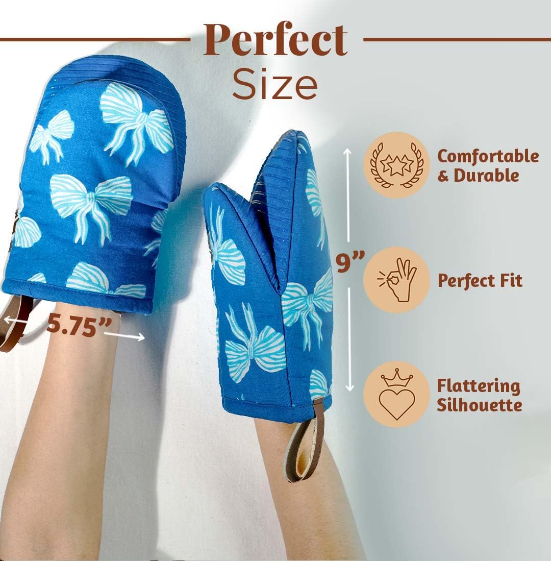 Folkulture Small Oven Mitts Set of 2 | 5.75 x 9 Heat Resistant Blue Mitts with Hanging Loop | Cotton & Silicone Oven Gloves for Baking