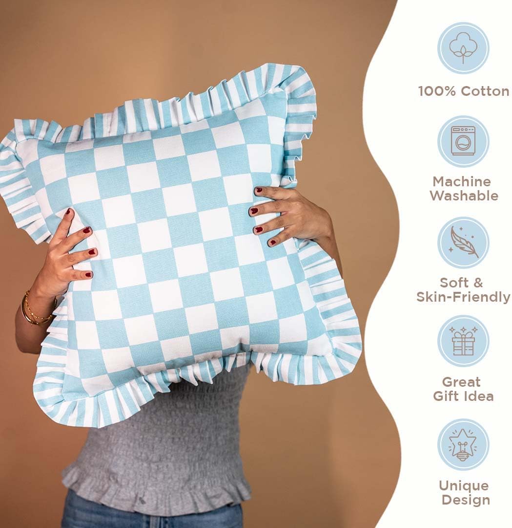 Folkulture 18 X 18" Set of 2 Cushion Cover Ruffle Checks Printed - Bluebell