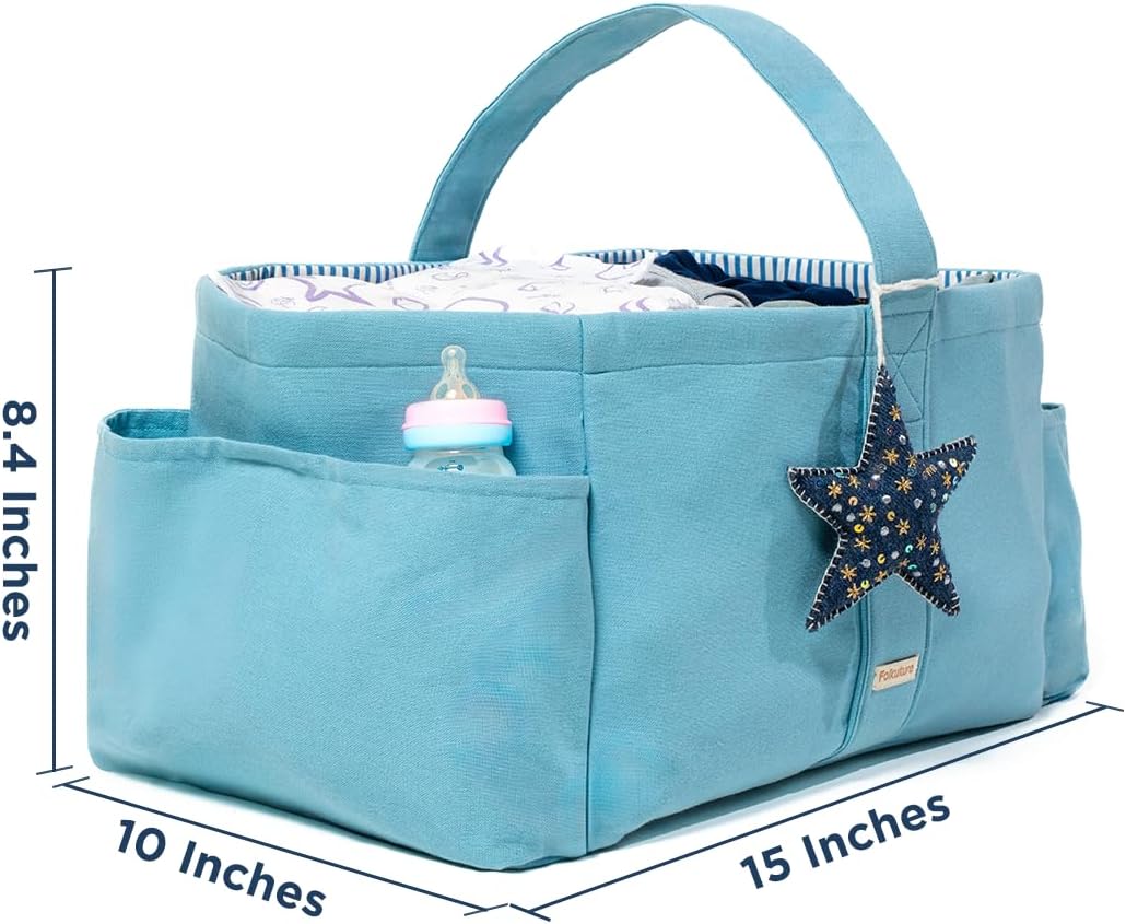 Folkulture Baby Diaper Caddy, Cotton Diaper Bag for Kids, Stylish Comfort Spacious Travel Essential Cart, Car Organizer for Diapers (Sky Blue - 15")