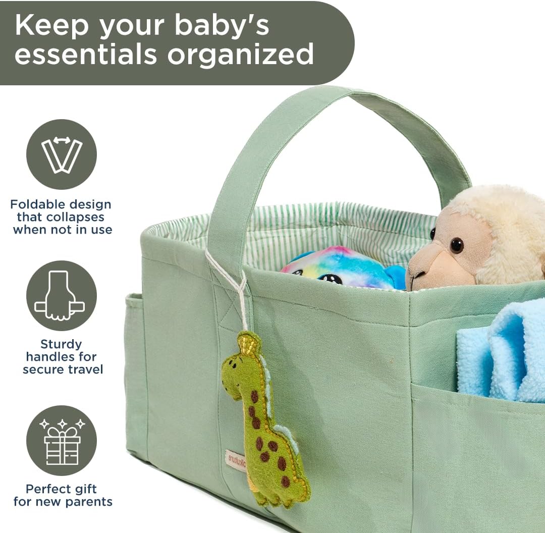 Folkulture Baby Diaper Caddy, Cotton Diaper Bag for Kids, Stylish Comfort Spacious Travel Essential Cart, Car Organizer for Diapers (Sage Green - 15")