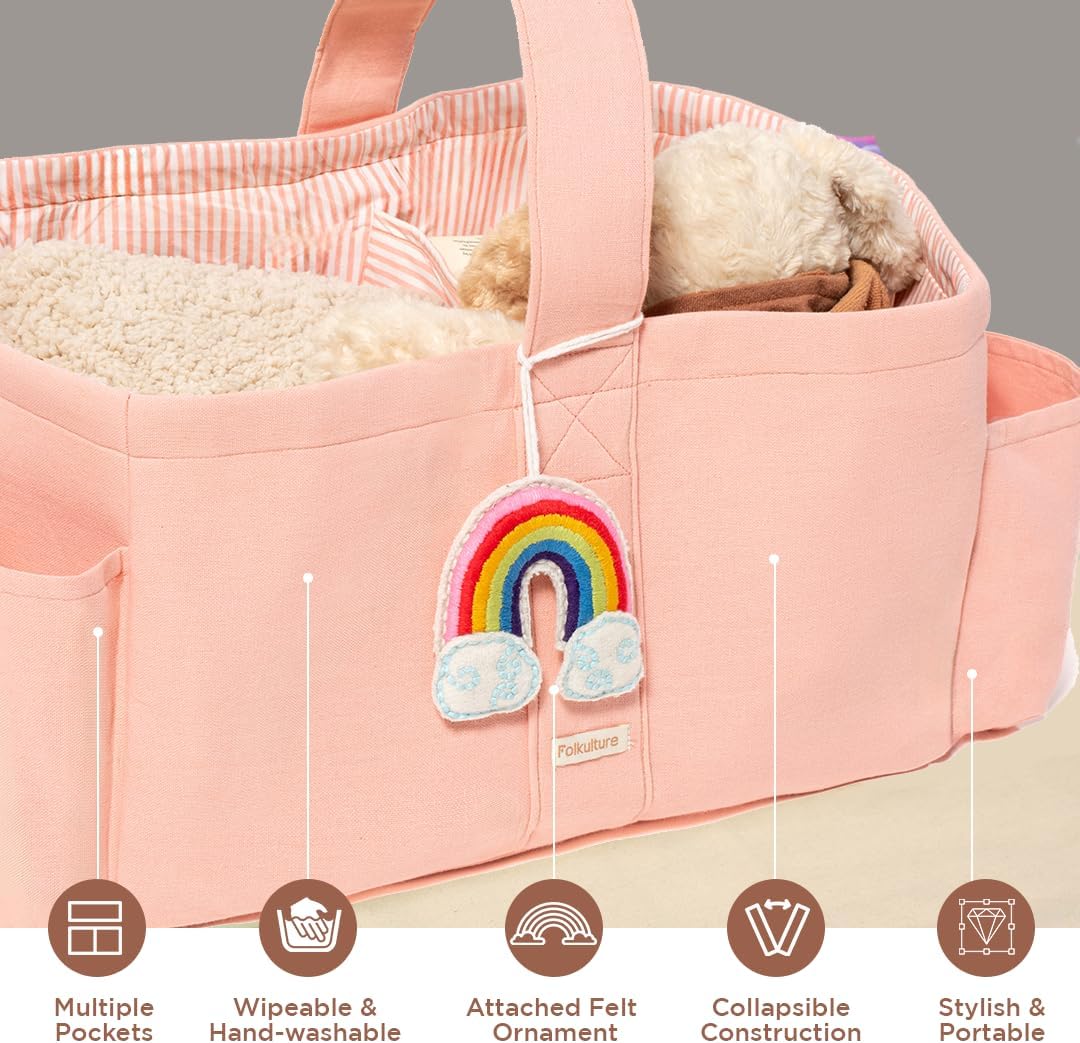 Folkulture Baby Diaper Caddy, Cotton Diaper Bag for Kids, Stylish Comfort Spacious Travel Essential Cart, Car Organizer for Diapers (Powder Pink -15")