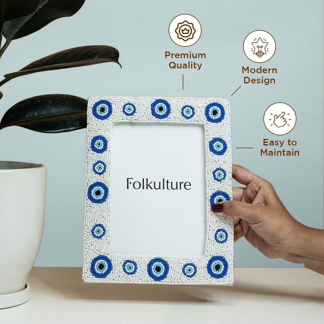 Folkulture Evil Eye Picture Frames with Plexiglass, Vertical & Horizontal Formats Picture Frames, Wall Hanging or Tabletop Farmhouse Picture Frame