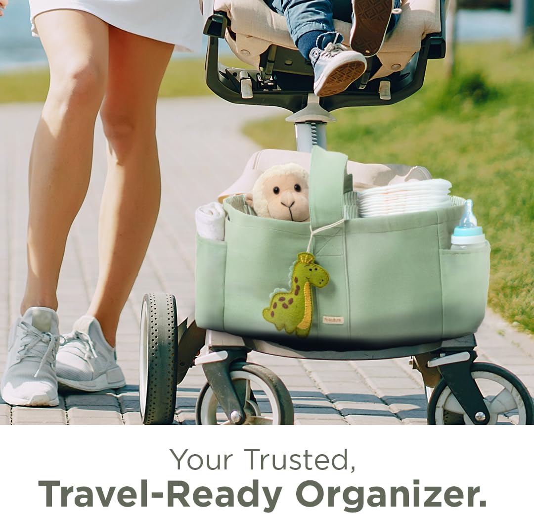 Folkulture Baby Diaper Caddy, Cotton Diaper Bag for Kids, Stylish Comfort Spacious Travel Essential Cart, Car Organizer for Diapers (Sage Green - 15")