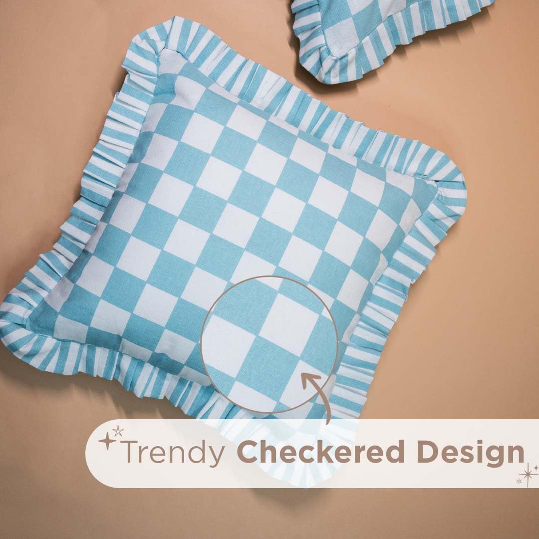 Folkulture 18 X 18" Set of 2 Cushion Cover Ruffle Checks Printed - Bluebell