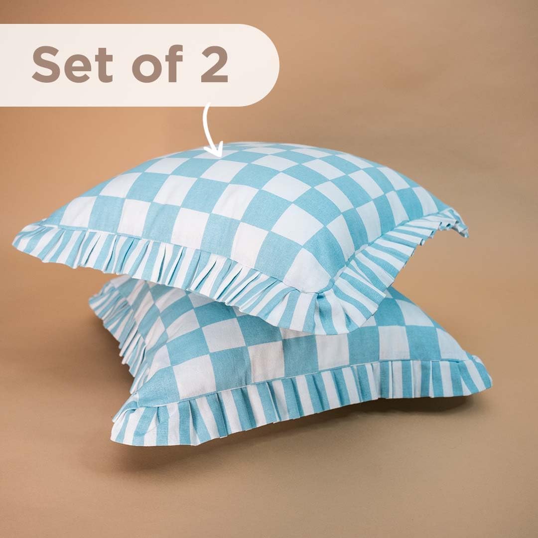 Folkulture 18 X 18" Set of 2 Cushion Cover Ruffle Checks Printed - Bluebell