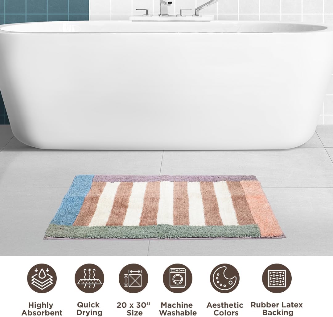 Folkulture Bathroom Rugs | (20 x 30) Stripe Bathmats for Bathroom or Microfiber Bath Rug | Quick Drying Washable Non Slip Bath Mat for Washroom