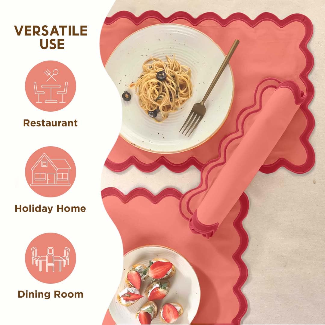 Folkulture Christmas Table Placemats | 13 x 19" Cotton Boho Set of 4 | Heat Resistant Scalloped Dining & Farmhouse Table Mats Coral Red