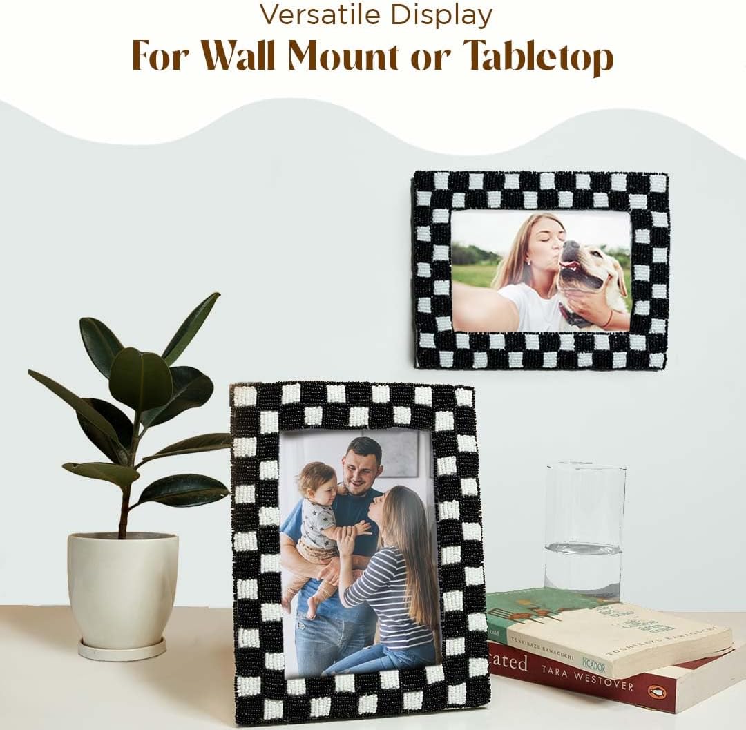 Folkulture 5x7 Picture Frames, Checkered Photo Frame with Plexiglass, Vertical and Horizontal Formats Picture Frames, Farmhouse Decor (Black)
