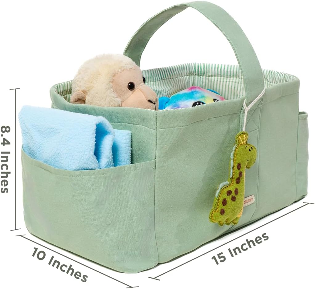 Folkulture Baby Diaper Caddy, Cotton Diaper Bag for Kids, Stylish Comfort Spacious Travel Essential Cart, Car Organizer for Diapers (Sage Green - 15")