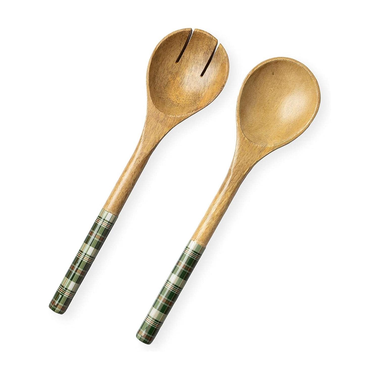 Folkulture Wooden Salad Servers, 12-Inch Salad Tongs for Wood Salad Bowl, Salad Hands for Kitchen Decor & Gifts, Mango Wood, Green Check