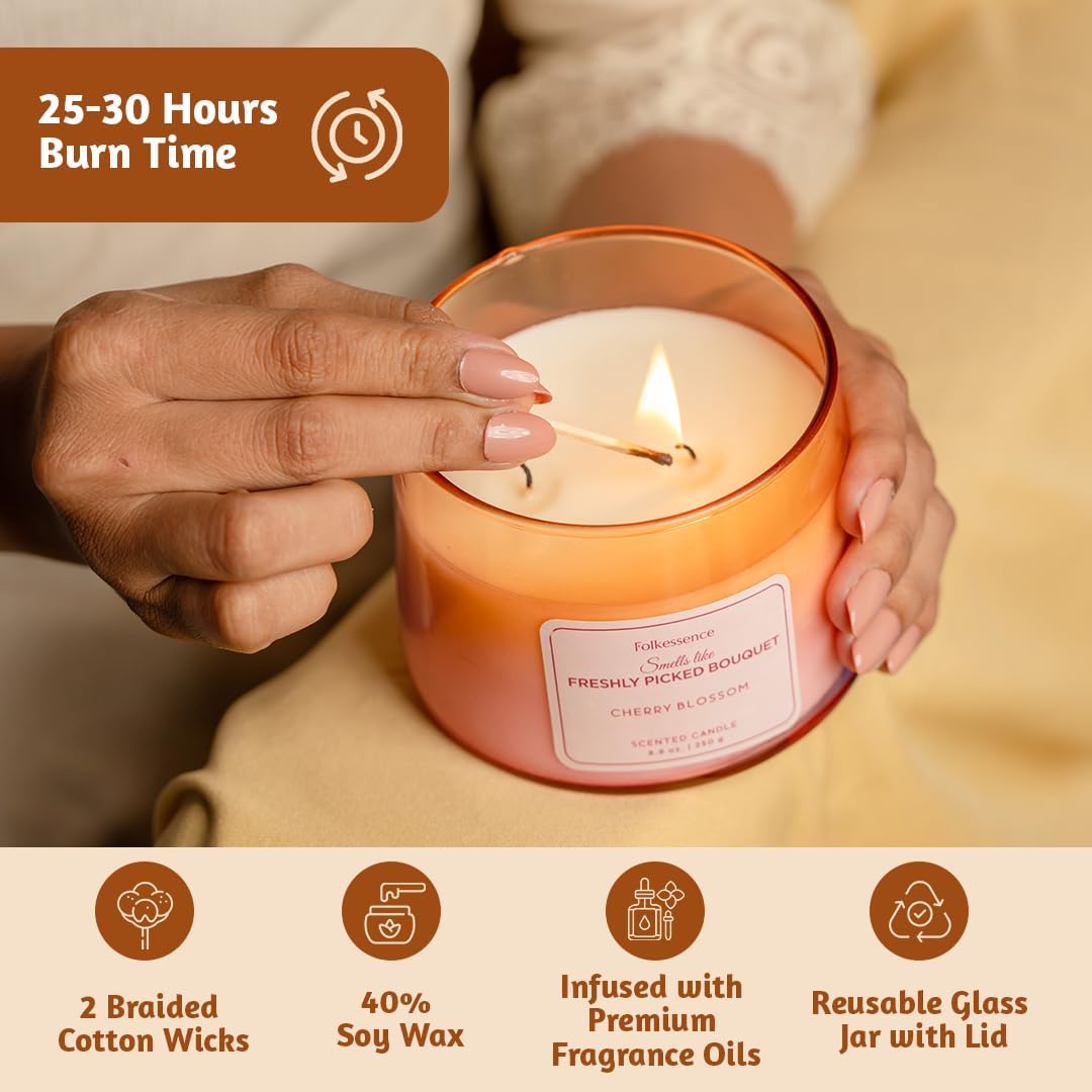Folkulture Scented Candle | 8.81 Oz Long Lasting Cherry Blossom Candles for Home | Soy Candle or Non Toxic Candles for Relaxing Gifts for Women