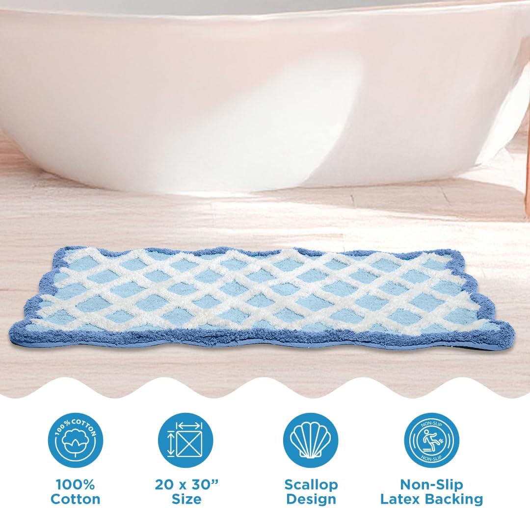 Folkulture Bathroom Rugs or Bath Mat | (20 x 30) Bathroom Rugs Non Slip Bath Mat for Home, Washable Blue Bathrooms Rug | Blue Bath Mats