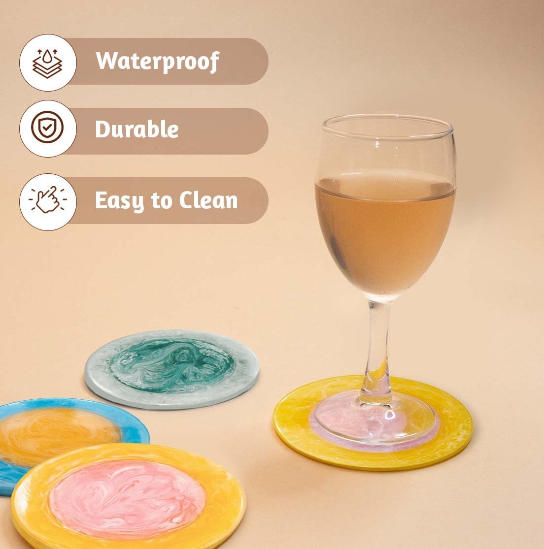 Folkulture Coasters Set of 4 | Resin Drink Coasters for Coffee Table | 4" Round Handmade Coaster for Drinks Non Slip for Bar, Party, Housewarming